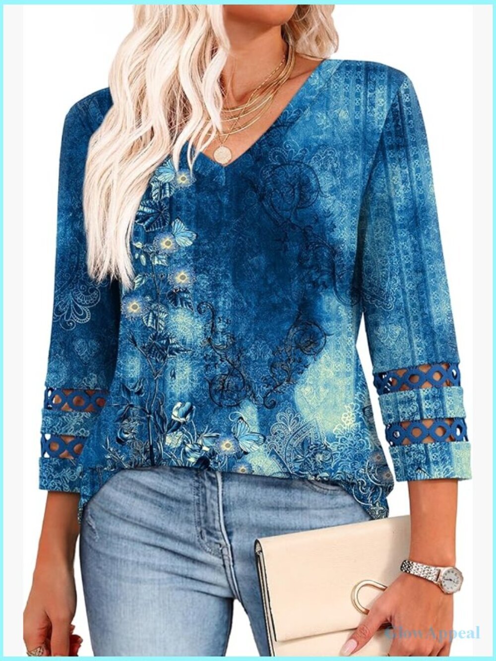 3/4 Lace Sleeve V Neck Tunic Blouse Loose Fit Women Tops